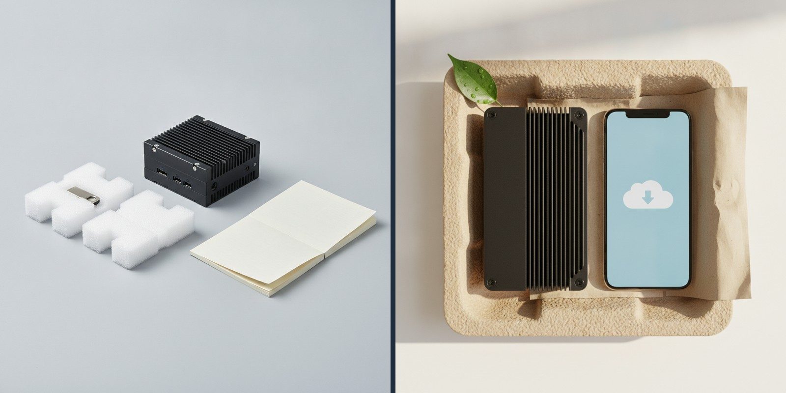 Before and after comparison. Left: white EPE foam, a USB flash drive and a printed manual. Right: moulded paper-pulp packaging and a phone showing a cloud download — no USB, no printed manual.