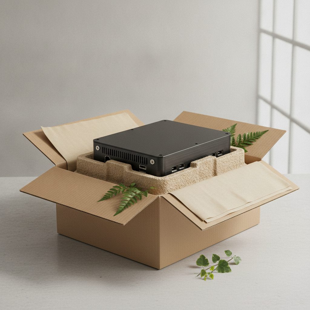 A rugged black embedded computer cradled in a moulded paper-pulp tray inside a recyclable corrugated box, with kraft paper and green leaves.